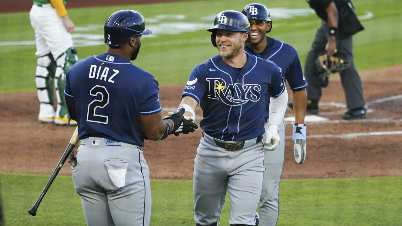 SACRAMENTO, CA - AUGUST 11: Taylor Walls #6 of the Tampa Bay Rays celebrates after hitting a home run during the game between the Tampa Bay Rays and the Athletics at Sutter Health Park on Tuesday, August 11, 2026 in Sacramento, California.