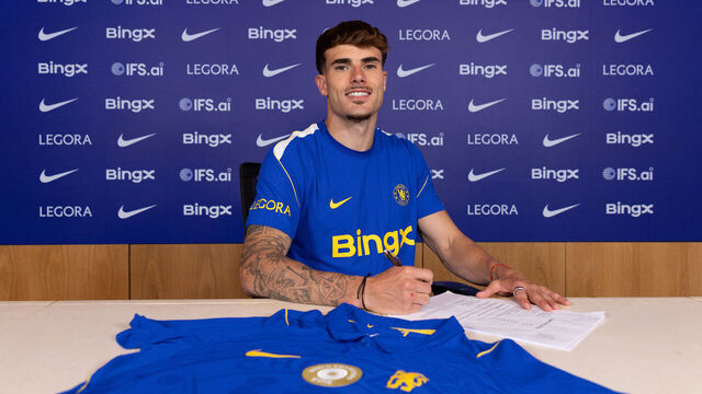 COBHAM, ENGLAND - AUGUST 12: Chelsea Unveil New Signing Pep Chavarria at Chelsea Training Ground on August 12, 2026 in Cobham, England.