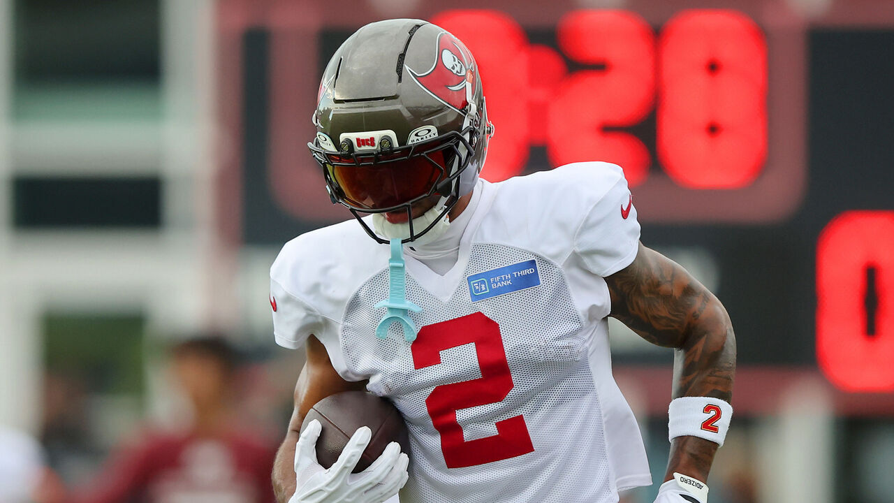 TAMPA, FL - AUGUST 06: Tampa Bay Buccaneers Wide Receiver Emeka Egbuka (2) goes thru drills during Training Camp on August 06, 2026 at the AdventHealth Training Center at One Buccaneer Place in Tampa, Florida.