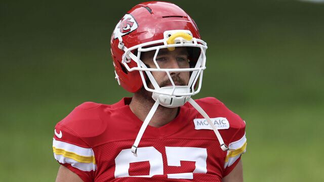 ST. JOSEPH, MO - JULY 29: Travis Kelce #87 walks to the field during the Kansas City Chiefs training camp on Aug 11, 2026 at Missouri Western State University in St. Joseph, MO.