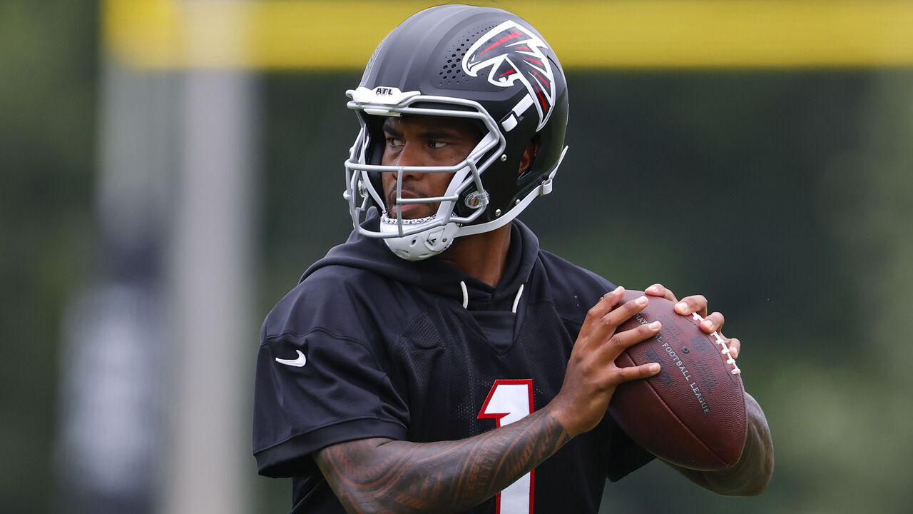 FLOWERY BRANCH, GEORGIA - MAY 27: Tua Tagovailoa #1 of the Atlanta Falcons runs through drills during OTA's at IBM Performance Field on May 27, 2026 in Flowery Branch, Georgia.