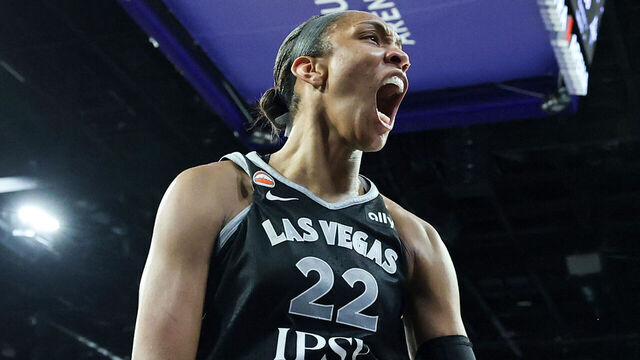 LAS VEGAS, NEVADA - AUGUST 11: A'ja Wilson #22 of the Las Vegas Aces reacts after scoring a basket and drawing a foul against the Washington Mystics in the fourth quarter of their game at Michelob ULTRA Arena on August 11, 2026 in Las Vegas, Nevada. The Aces defeated the Mystics 86-76.