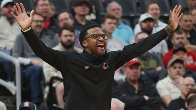 ST LOUIS, MISSOURI - MARCH 22: Head coach Jai Lucas of the Miami Hurricanes reacts towards his team during a game against the Purdue Boilermakers in the first half during the second round of the 2026 NCAA Men's Basketball Tournament held at Enterprise Center on March 22, 2026 in St Louis, Missouri.