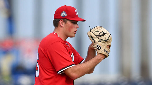 WEST PALM BEACH, FLORIDA - MARCH 16, 2025: Jackson Kent #45 of the Washington Nationals prepares to pitch during the fourth inning of a spring training Spring Breakout game against the New York Mets at CACTI Park of the Palm Beaches on March 16, 2025 in West Palm Beach, Florida.