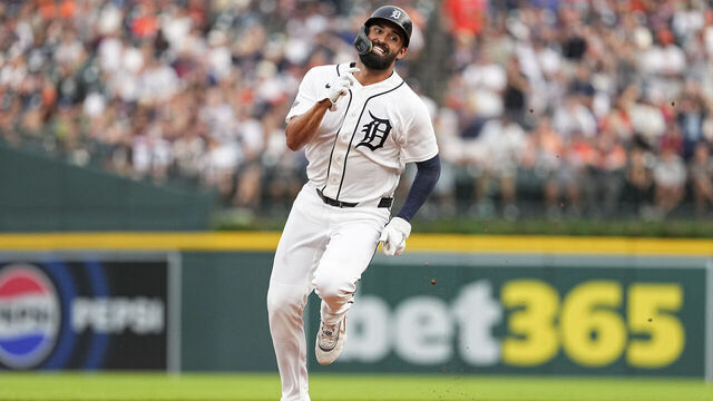 DETROIT, MI - AUGUST 11: Riley Greene #31 of the Detroit Tigers runs home to score a run in the second inning during the game between the Cleveland Guardians and the Detroit Tigers at Comerica Park on Tuesday, August 11, 2026 in Detroit, Michigan.