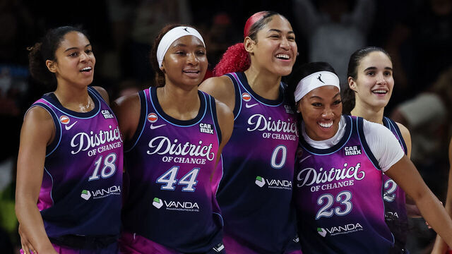 WASHINGTON, DC - AUGUST 07: Cassandre Prosper #18, Kiki Iriafen #44, Shakira Austin #0, Cotie McMahon #23, and Sonia Citron #22 of the Washington Mystics celebrate after the game against the Atlanta Dream at CareFirst Arena on August 7, 2026 in Washington, DC.