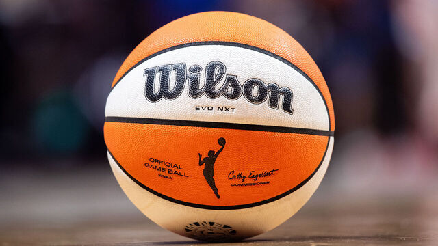 A close-up view of the WNBA logo on a Wilson WNBA official game ball during the WNBA game between the Phoenix Mercury and the Connecticut Sun at Mohegan Sun Arena in Uncasville, Connecticut, on August 7, 2026.