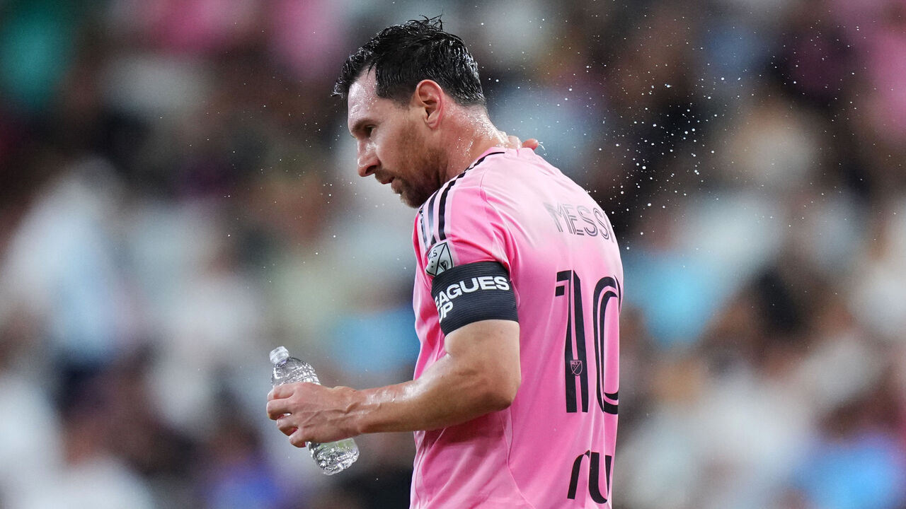 MIAMI, FLORIDA - AUGUST 12: Lionel Messi #10 of Inter Miami CF reacts during the Leagues Cup Phase One match between Inter Miami CF and Leon at Nu Stadium on August 12, 2026 in Miami, Florida.