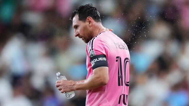 MIAMI, FLORIDA - AUGUST 12: Lionel Messi #10 of Inter Miami CF reacts during the Leagues Cup Phase One match between Inter Miami CF and Leon at Nu Stadium on August 12, 2026 in Miami, Florida.