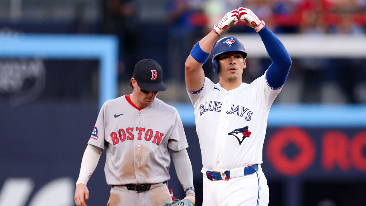 TORONTO, ON - AUGUST 10: Brandon Valenzuela #59 of the Toronto Blue Jays doubles in the third inning during the game between the Boston Red Sox and the Toronto Blue Jays at Rogers Centre on Monday, August 10, 2026 in Toronto, Ontario, Canada.