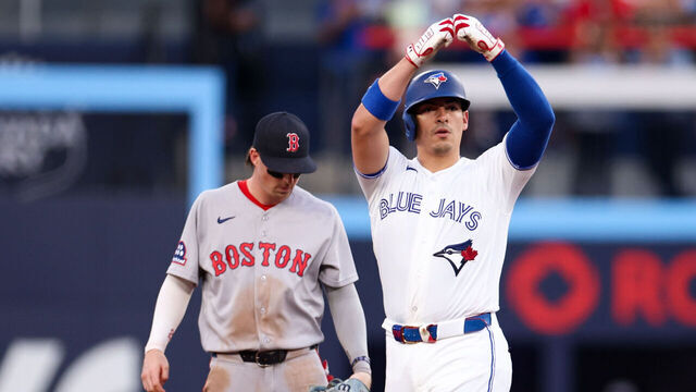 TORONTO, ON - AUGUST 10: Brandon Valenzuela #59 of the Toronto Blue Jays doubles in the third inning during the game between the Boston Red Sox and the Toronto Blue Jays at Rogers Centre on Monday, August 10, 2026 in Toronto, Ontario, Canada.