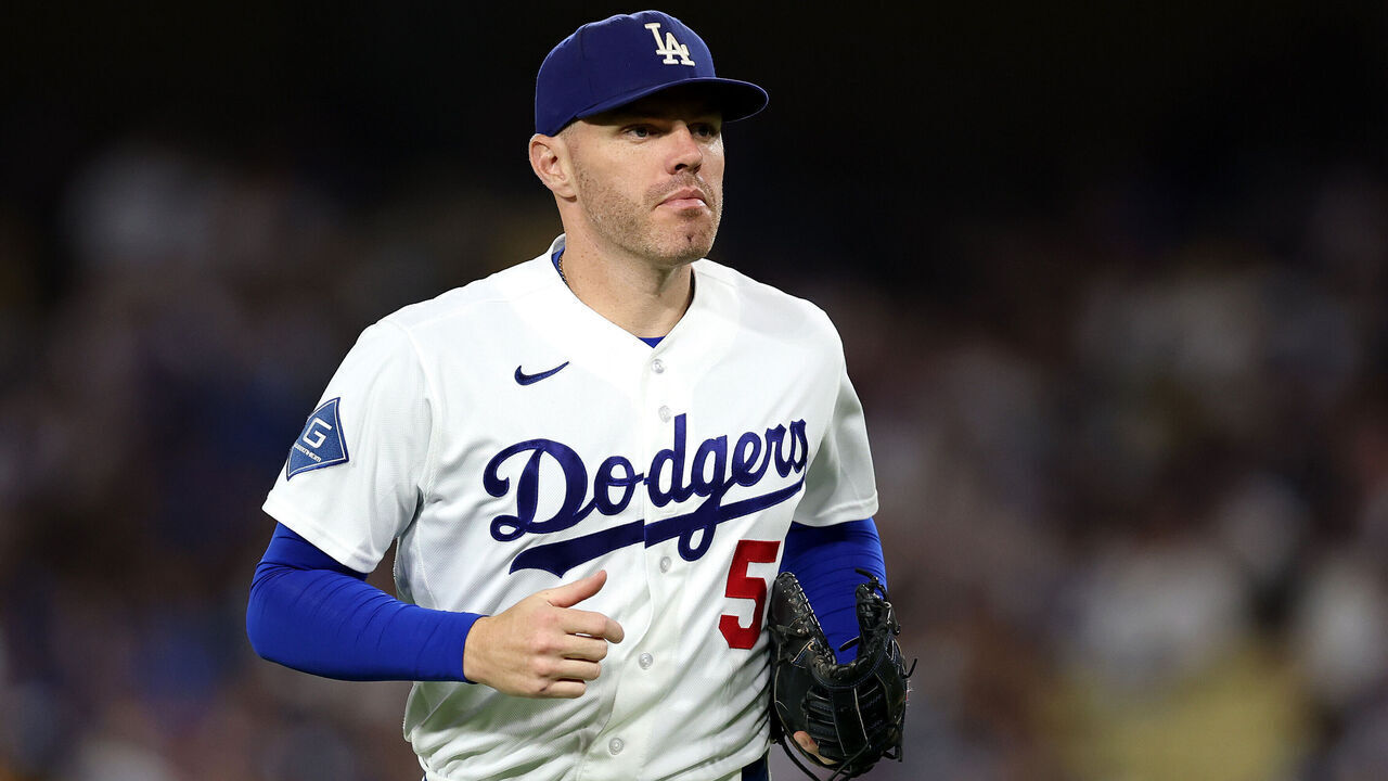 LOS ANGELES, CALIFORNIA - AUGUST 11: Freddie Freeman #5 of the Los Angeles Dodgers in action against the Kansas City Royals at Dodger Stadium on August 11, 2026 in Los Angeles, California.