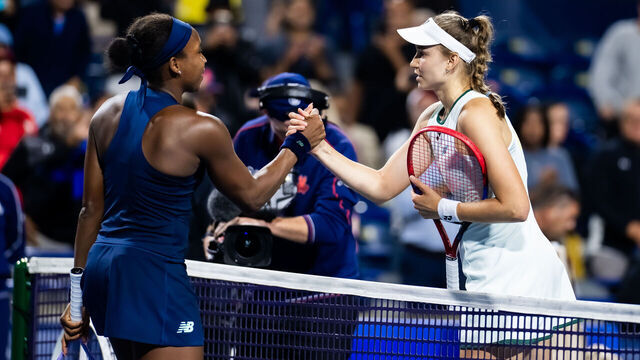 TORONTO, ONTARIO - AUGUST 12: Coco Gauff of the United States and Elena Rybakina of Kazakhstan shake hands at the net after the women's singles semifinal on Day 11 of the National Bank Open at Sobeys Stadium on August 12, 2026 in Toronto, Ontario.