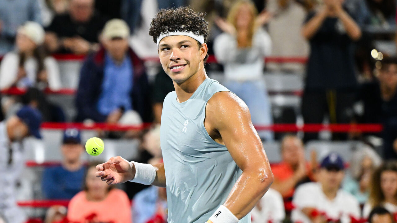 MONTREAL, CANADA - AUGUST 12: Ben Shelton of the United States celebrates match point against Learner Tien of the United States during their singles Semifinals match on day eleven of the ATP 1000 National Bank Open presented by Rogers at Stade IGA on August 12, 2026 in Montreal, Quebec, Canada.