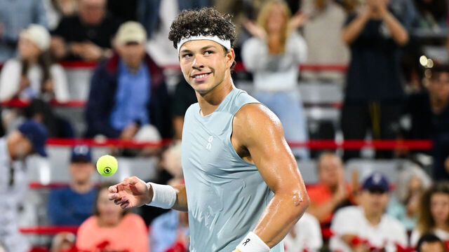 MONTREAL, CANADA - AUGUST 12: Ben Shelton of the United States celebrates match point against Learner Tien of the United States during their singles Semifinals match on day eleven of the ATP 1000 National Bank Open presented by Rogers at Stade IGA on August 12, 2026 in Montreal, Quebec, Canada.