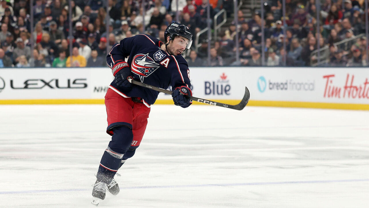 COLUMBUS, OHIO - MARCH 7: Zach Werenski #8 of the Columbus Blue Jackets shoots the puck during the game against the Utah Mammoth at Nationwide Arena on March 7, 2026 in Columbus, Ohio. Utah defeated Columbus 5-4 in overtime.