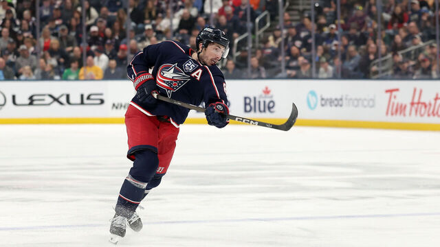 COLUMBUS, OHIO - MARCH 7: Zach Werenski #8 of the Columbus Blue Jackets shoots the puck during the game against the Utah Mammoth at Nationwide Arena on March 7, 2026 in Columbus, Ohio. Utah defeated Columbus 5-4 in overtime.