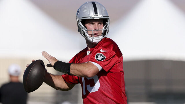 HENDERSON, NEVADA - JULY 29: Fernando Mendoza #15 of the Las Vegas Raiders looks to pass during the first practice of the team's training camp at the Las Vegas Raiders Headquarters/Intermountain Health Performance Center on July 29, 2026 in Henderson, Nevada.