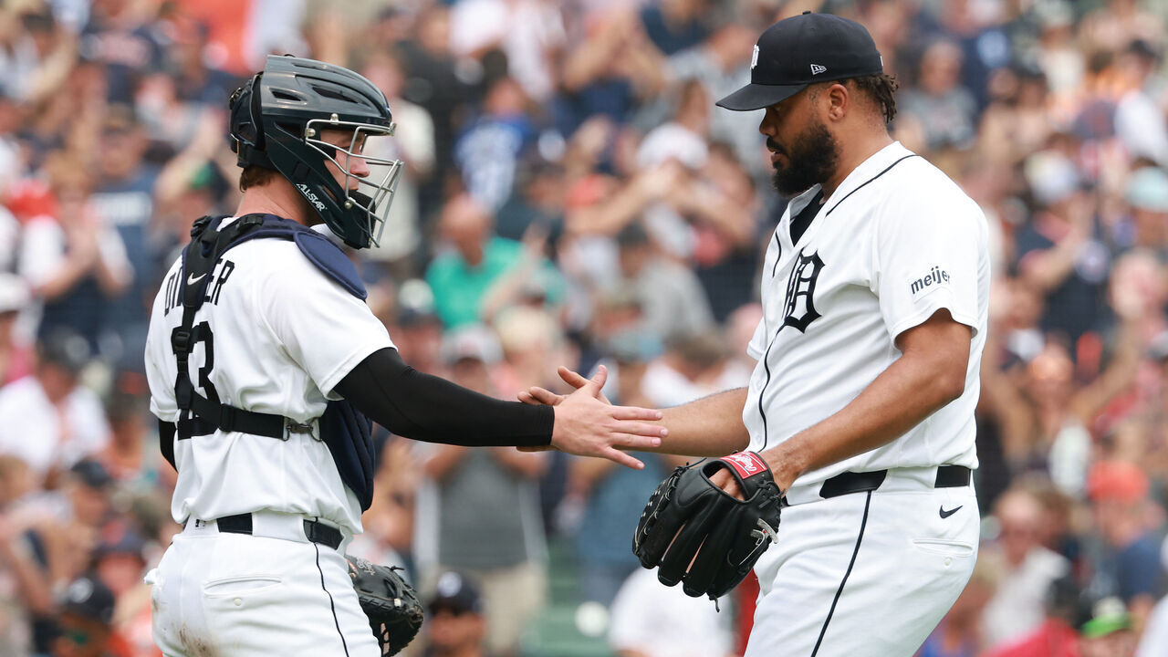 DETROIT, MICHIGAN - AUGUST 13: Kenley Jansen #74 of the Detroit Tigers celebrates a 3-0 win over the Cleveland Guardians with Dillon Dingler #13 at Comerica Park on August 13, 2026 in Detroit, Michigan.