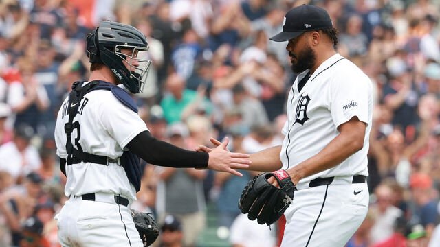 DETROIT, MICHIGAN - AUGUST 13: Kenley Jansen #74 of the Detroit Tigers celebrates a 3-0 win over the Cleveland Guardians with Dillon Dingler #13 at Comerica Park on August 13, 2026 in Detroit, Michigan.
