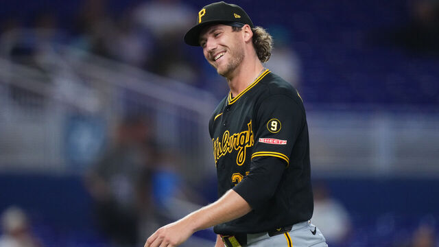 MIAMI, FLORIDA - AUGUST 13: Braxton Ashcraft #35 of the Pittsburgh Pirates reacts to a call by the umpire during the fifth inning against the Miami Marlins at loanDepot park on August 13, 2026 in Miami, Florida.