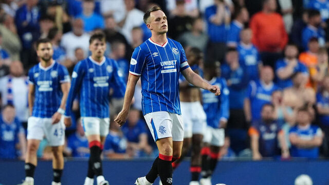 Rangers' Lawrence Shankland appears dejected after Jagiellonia Bialystock's Nik Prelec scores their first goal of the game during the Europa League qualifying match at Ibrox Stadium, Glasgow. Picture date: Thursday August 13, 2026.