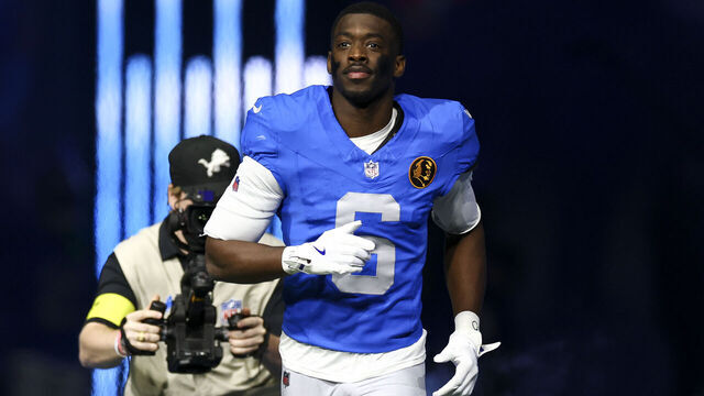 DETROIT, MICHIGAN - NOVEMBER 27: Terrion Arnold #6 of the Detroit Lions runs onto the field prior to an NFL football game against the Green Bay Packers at Ford Field on November 27, 2025 in Detroit, Michigan.