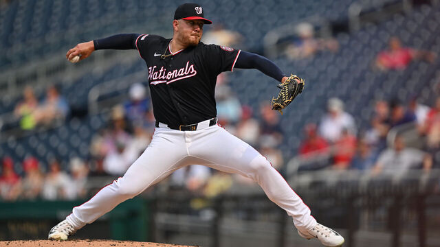 WASHINGTON, DC - AUGUST 13: Cade Cavalli #24 of the Washington Nationals pitches in the second inning against of the Chicago Cubs at Nationals Park on August 13, 2026 in Washington, DC.
