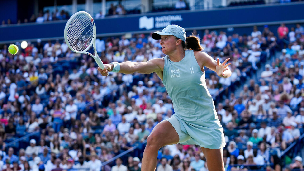 TORONTO, CANADA - AUGUST 13 : Iga Swiatek of Poland in action against Elena Rybakina of Kazakhstan in final round match during day 13 of WTA 1000 National Bank Open in Toronto, Ontario, Canada on August 13, 2026.