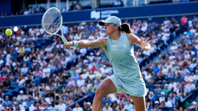 TORONTO, CANADA - AUGUST 13 : Iga Swiatek of Poland in action against Elena Rybakina of Kazakhstan in final round match during day 13 of WTA 1000 National Bank Open in Toronto, Ontario, Canada on August 13, 2026.
