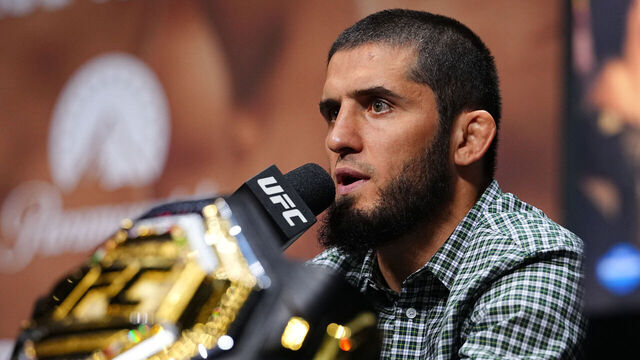 PHILADELPHIA, PENNSYLVANIA - AUGUST 13: Islam Makhachev of Russia is seen on stage during the UFC 330 press conference at Xfinity Mobile Arena on August 13, 2026 in Philadelphia, Pennsylvania.