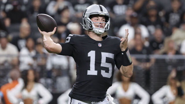 LAS VEGAS, NEVADA - AUGUST 13: Fernando Mendoza #15 of the Las Vegas Raiders looks to pass in the first quarter of a preseason game against the Arizona Cardinals at Allegiant Stadium on August 13, 2026 in Las Vegas, Nevada.