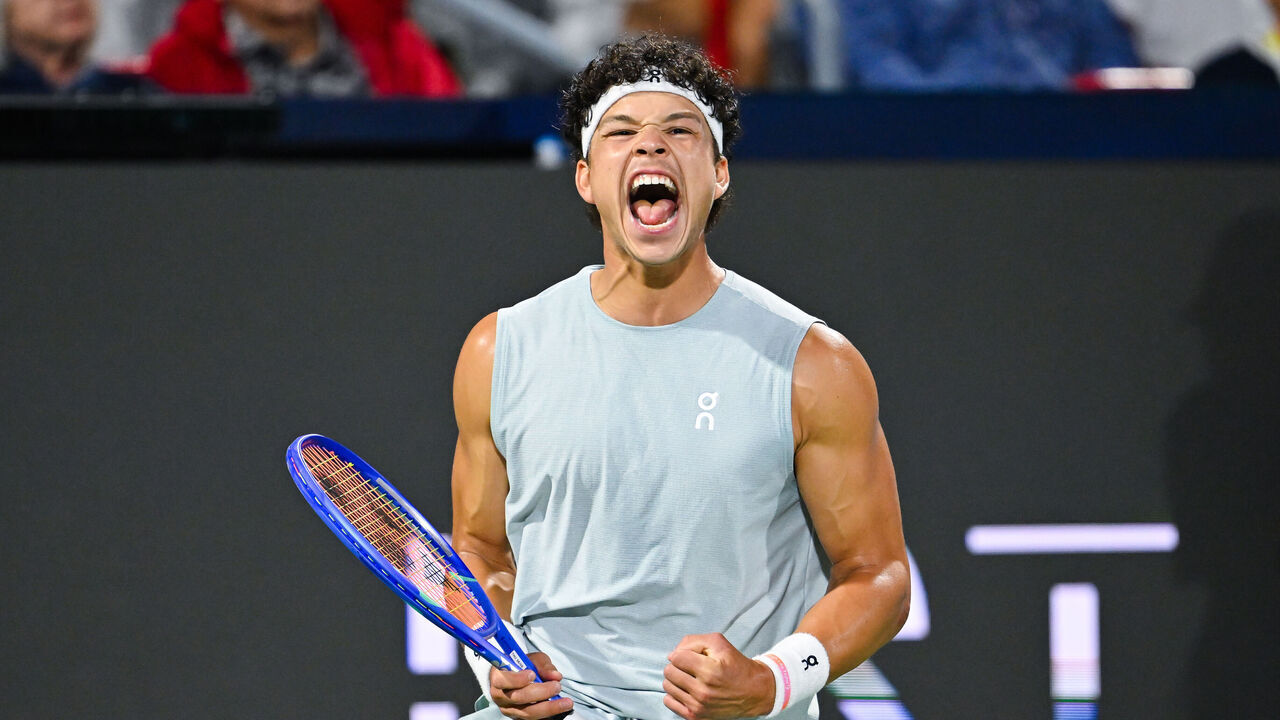 MONTREAL, CANADA - AUGUST 13: Ben Shelton of the United States celebrates a game point against Brandon Nakashima of the United States during their singles Final match on day twelve of the ATP 1000 National Bank Open presented by Rogers at Stade IGA on August 13, 2026 in Montreal, Quebec, Canada.