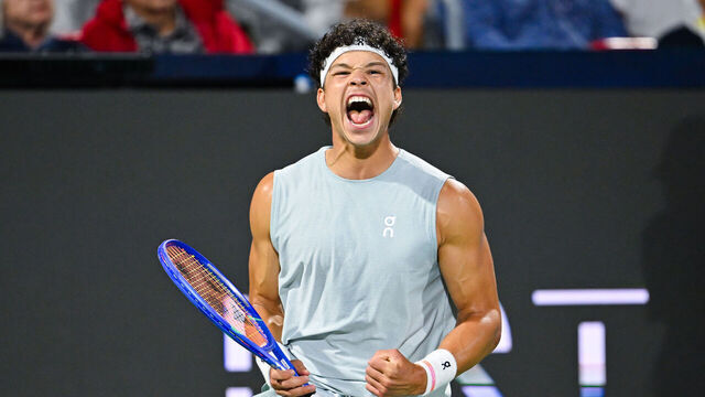 MONTREAL, CANADA - AUGUST 13: Ben Shelton of the United States celebrates a game point against Brandon Nakashima of the United States during their singles Final match on day twelve of the ATP 1000 National Bank Open presented by Rogers at Stade IGA on August 13, 2026 in Montreal, Quebec, Canada.