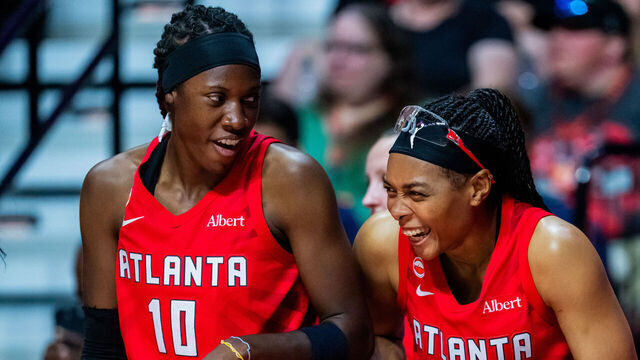 UNCASVILLE, CONNECTICUT - AUGUST 13: Rhyne Howard #10 and Allisha Gray #15 of the Atlanta Dream react during the second half of the WNBA basketball game at Mohegan Sun Arena on August 13, 2026 in Uncasville, Connecticut. Howard and Gray each scored 29 points in the win.