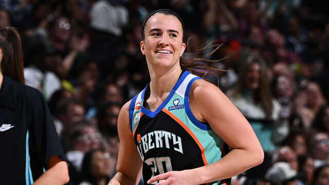 BROOKLYN, NY - AUGUST 13: Sabrina Ionescu #20 of the New York Liberty smiles during the game against the Los Angeles Sparks on August 13, 2026 at Barclays Center Arena in Brooklyn, New York. Mandatory Copyright Notice: Copyright 2026 NBAE