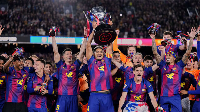 Ronald Araujo centre-back of Barcelona and Uruguaylifts the trophy after winning with his team the LaLiga EA Sports match between FC Barcelona and Real Madrid CF at Spotify Camp Nou on May 10, 2026 in Barcelona, Spain.