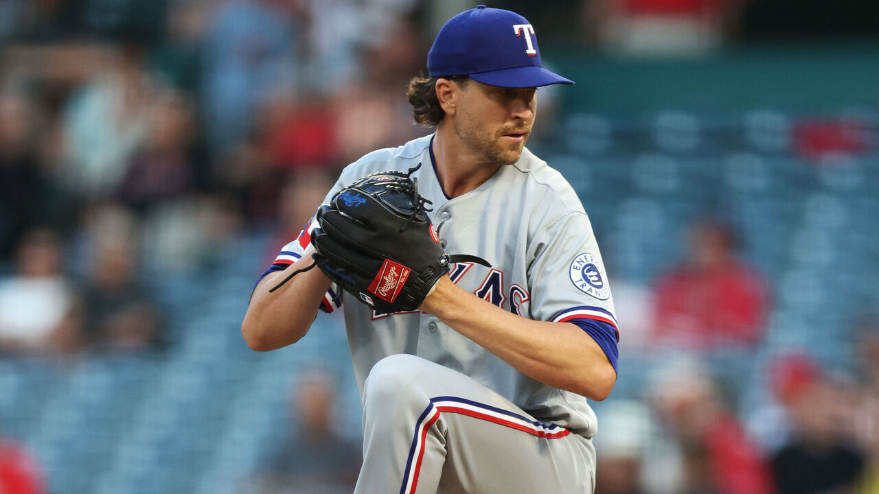 ANAHEIM, CALIFORNIA - AUGUST 13: Jacob deGrom #48 of the Texas Rangers throws a pitch in the first inning against the Los Angeles Angels at Angel Stadium of Anaheim on August 13, 2026 in Anaheim, California.