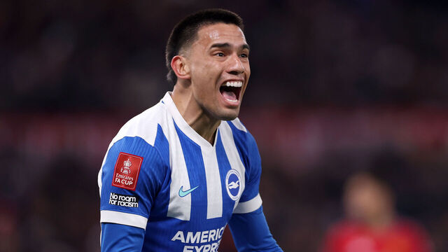 MANCHESTER, ENGLAND - JANUARY 11: Diego Gomez of Brighton & Hove Albion celebrates after teammate Brajan Gruda (not pictured) scores his team's first goal during the Emirates FA Cup Third Round match between Manchester United and Brighton & Hove Albion at Old Trafford on January 11, 2026 in Manchester, England.