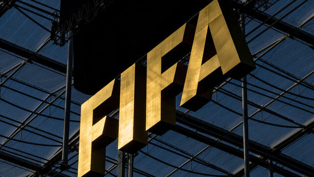 LOS ANGELES, CALIFORNIA - JUNE 15: The FIFA logo hands from the roof above the pitch before the FIFA World Cup 2026 Group G match between IR Iran and New Zealand at Los Angeles Stadium on June 15, 2026 in Los Angeles, California.