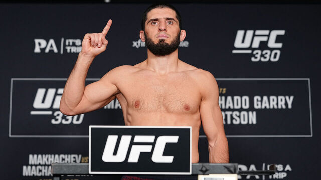 PHILADELPHIA, PENNSYLVANIA - AUGUST 13: Islam Makhachev of Russia poses on the scale during the UFC 330 official weigh-in at Sonesta Philadelphia Rittenhouse Square on August 13, 2026 in Philadelphia, Pennsylvania.
