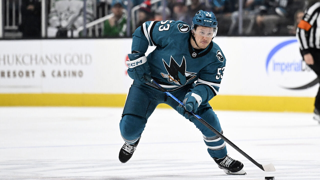 SAN JOSE, CALIFORNIA - JANUARY 10: Jeff Skinner #53 of the San Jose Sharks controls the puck against the Dallas Stars in the second period at SAP Center on January 10, 2026 in San Jose, California.