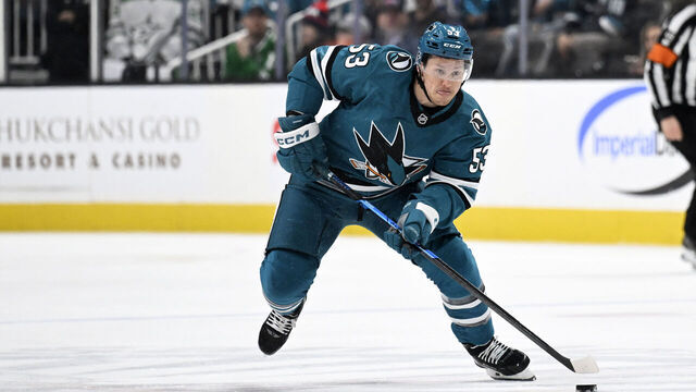 SAN JOSE, CALIFORNIA - JANUARY 10: Jeff Skinner #53 of the San Jose Sharks controls the puck against the Dallas Stars in the second period at SAP Center on January 10, 2026 in San Jose, California.