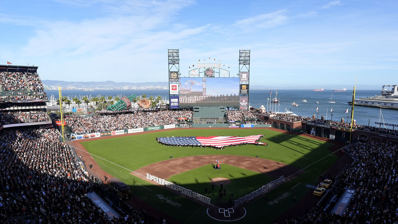 SAN FRANCISCO, CALIFORNIA - MARCH 25: A general view of a flag on the field before the game between the San Francisco Giants and the New York Yankees on Opening Day at Oracle Park on March 25, 2026 in San Francisco, California.