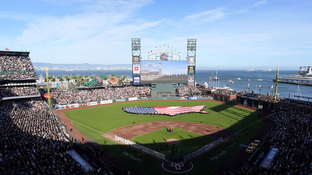 SAN FRANCISCO, CALIFORNIA - MARCH 25: A general view of a flag on the field before the game between the San Francisco Giants and the New York Yankees on Opening Day at Oracle Park on March 25, 2026 in San Francisco, California.