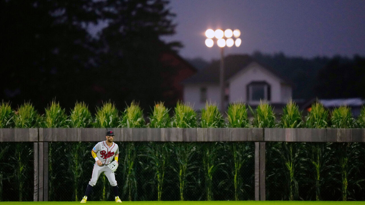 DYERSVILLE, IA - AUGUST 13: Bryce Harper #3 of the Philadelphia Phillies plays defense in right field during the MLB Field of Dreams game between the Philadelphia Phillies and the Minnesota Twins at MLB Field at Field of Dreams on Thursday, August 13, 2026 in Dyersville, Iowa.