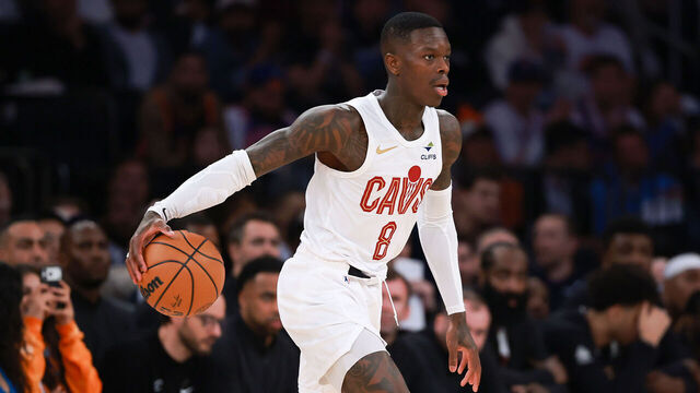 NEW YORK, NEW YORK - MAY 21: Dennis Schroder #8 of the Cleveland Cavaliers dribbles the ball against the New York Knicks during the third quarter in Game Two of the NBA Eastern Conference Finals at Madison Square Garden on May 21, 2026 in New York City.