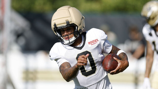 METAIRIE, LOUISIANA - AUGUST 13: Jordyn Tyson #0 of the New Orleans Saints participates in drills during a joint practice at Ochsner Sports Performance Center on August 13, 2026 in Metairie, Louisiana.