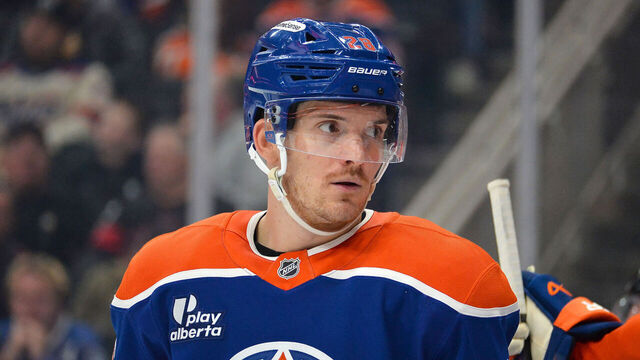 EDMONTON, CANADA - APRIL 16: Jack Roslovic #28 of the Edmonton Oilers in action during the game against the Vancouver Canucks at Rogers Place on April 16, 2026, in Edmonton, Alberta, Canada.