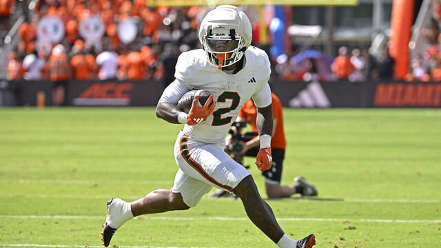 CORAL GABLES, FL - APRIL 18: Miami running back Jordan Lyle (2) carries the ball as the Miami Hurricanes played their spring game on April 18, 2026, at Cobb Stadium in Coral Gables, Florida.